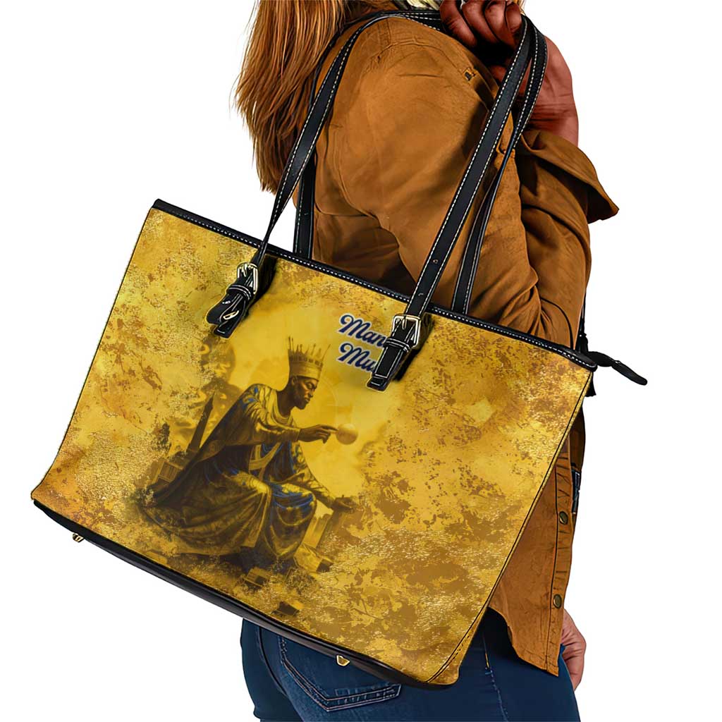 Mansa Musa Leather Tote Bag Golden Legacy Theme Ancient Map Regal Portrait of Mali Emperor Timbuktu - African Pride