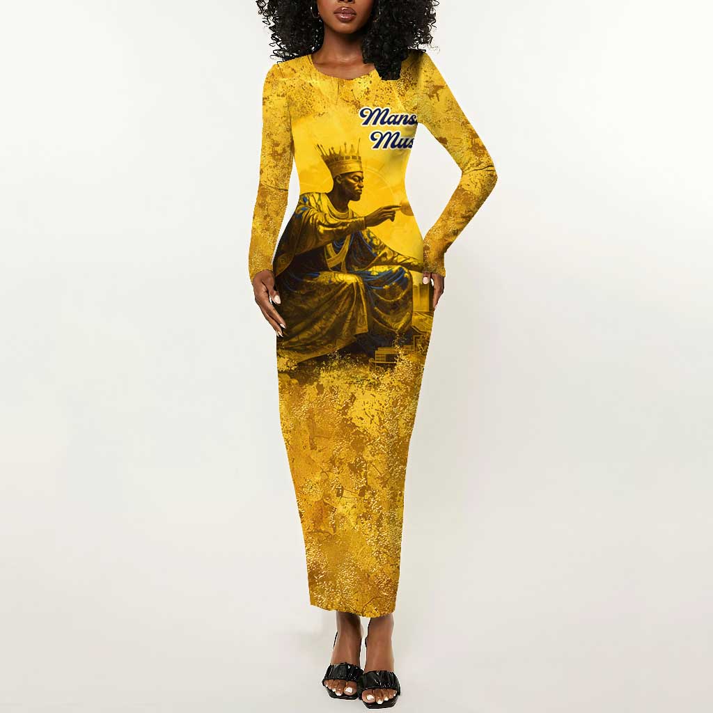 Mansa Musa Long Sleeve Bodycon Dress Golden Legacy Theme Ancient Map Regal Portrait of Mali Emperor Timbuktu - African Pride