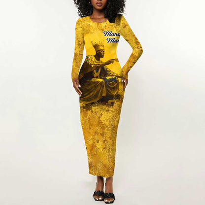 Mansa Musa Long Sleeve Bodycon Dress Golden Legacy Theme Ancient Map Regal Portrait of Mali Emperor Timbuktu - African Pride
