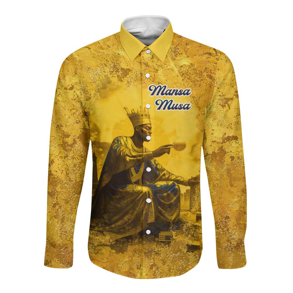 Mansa Musa Long Sleeve Button Shirt Golden Legacy Theme Ancient Map Regal Portrait of Mali Emperor Timbuktu - African Pride