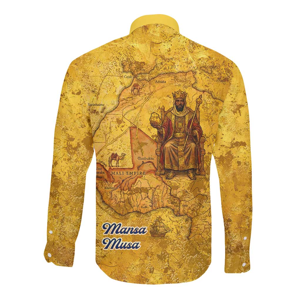 Mansa Musa Long Sleeve Button Shirt Golden Legacy Theme Ancient Map Regal Portrait of Mali Emperor Timbuktu - African Pride
