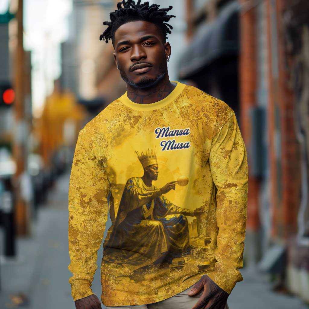 Mansa Musa Long Sleeve Shirt Golden Legacy Theme Ancient Map Regal Portrait of Mali Emperor Timbuktu - African Pride