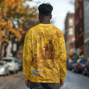 Mansa Musa Long Sleeve Shirt Golden Legacy Theme Ancient Map Regal Portrait of Mali Emperor Timbuktu - African Pride