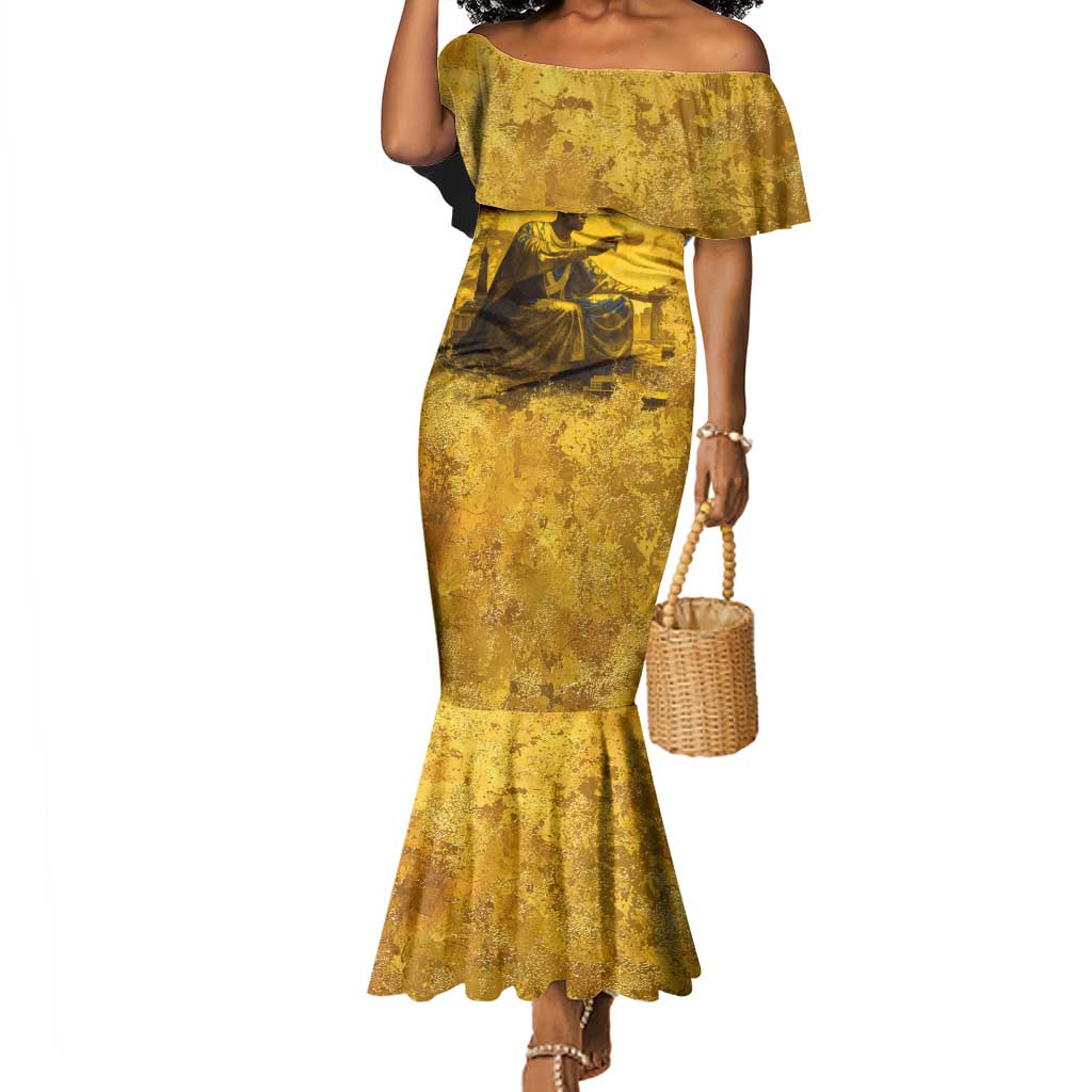 Mansa Musa Mermaid Dress Golden Legacy Theme Ancient Map Regal Portrait of Mali Emperor Timbuktu - African Pride