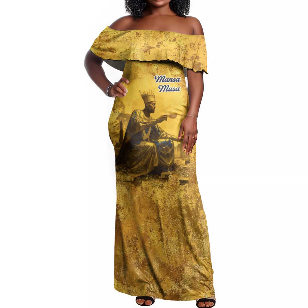 Mansa Musa Off Shoulder Maxi Dress Golden Legacy Theme Ancient Map Regal Portrait of Mali Emperor Timbuktu - African Pride