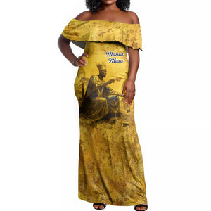 Mansa Musa Off Shoulder Maxi Dress Golden Legacy Theme Ancient Map Regal Portrait of Mali Emperor Timbuktu - African Pride