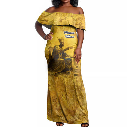 Mansa Musa Off Shoulder Maxi Dress Golden Legacy Theme Ancient Map Regal Portrait of Mali Emperor Timbuktu - African Pride