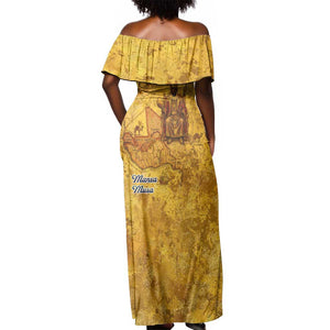 Mansa Musa Off Shoulder Maxi Dress Golden Legacy Theme Ancient Map Regal Portrait of Mali Emperor Timbuktu - African Pride