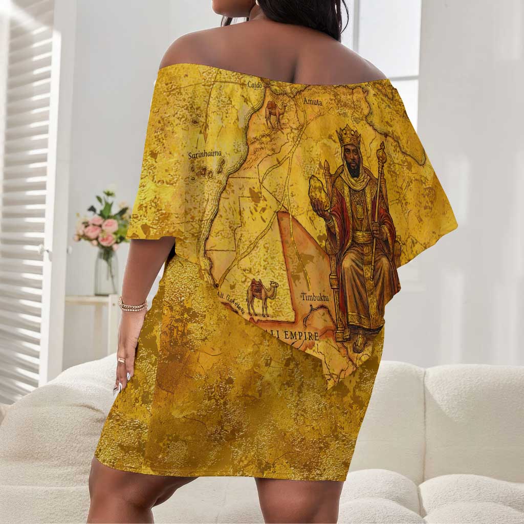 Mansa Musa Off Shoulder Short Dress Golden Legacy Theme Ancient Map Regal Portrait of Mali Emperor Timbuktu - African Pride