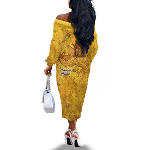 Mansa Musa Off The Shoulder Long Sleeve Dress Golden Legacy Theme Ancient Map Regal Portrait of Mali Emperor Timbuktu - African Pride