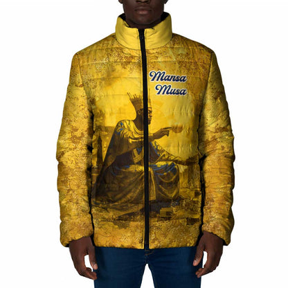 Mansa Musa Padded Jacket Golden Legacy Theme Ancient Map Regal Portrait of Mali Emperor Timbuktu - African Pride