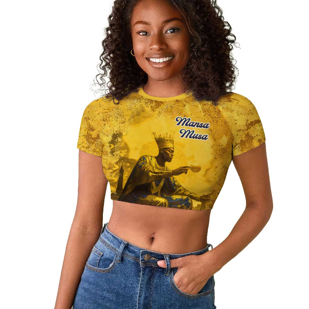 Mansa Musa Raglan Cropped T shirt Golden Legacy Theme Ancient Map Regal Portrait of Mali Emperor Timbuktu - African Pride