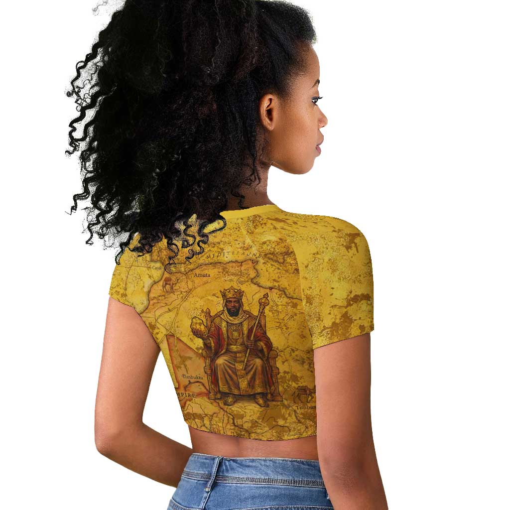 Mansa Musa Raglan Cropped T shirt Golden Legacy Theme Ancient Map Regal Portrait of Mali Emperor Timbuktu - African Pride