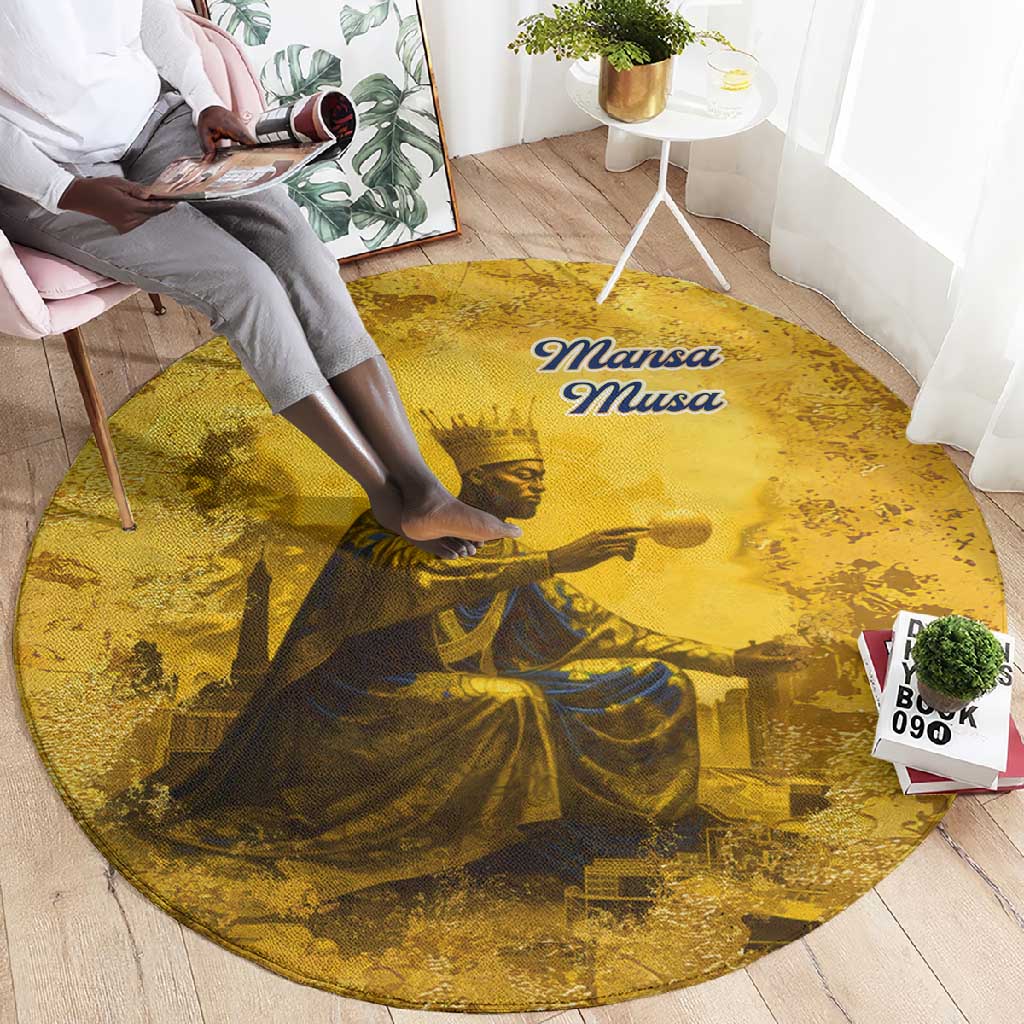 Mansa Musa Round Carpet Golden Legacy Theme Ancient Map Regal Portrait of Mali Emperor Timbuktu - African Pride