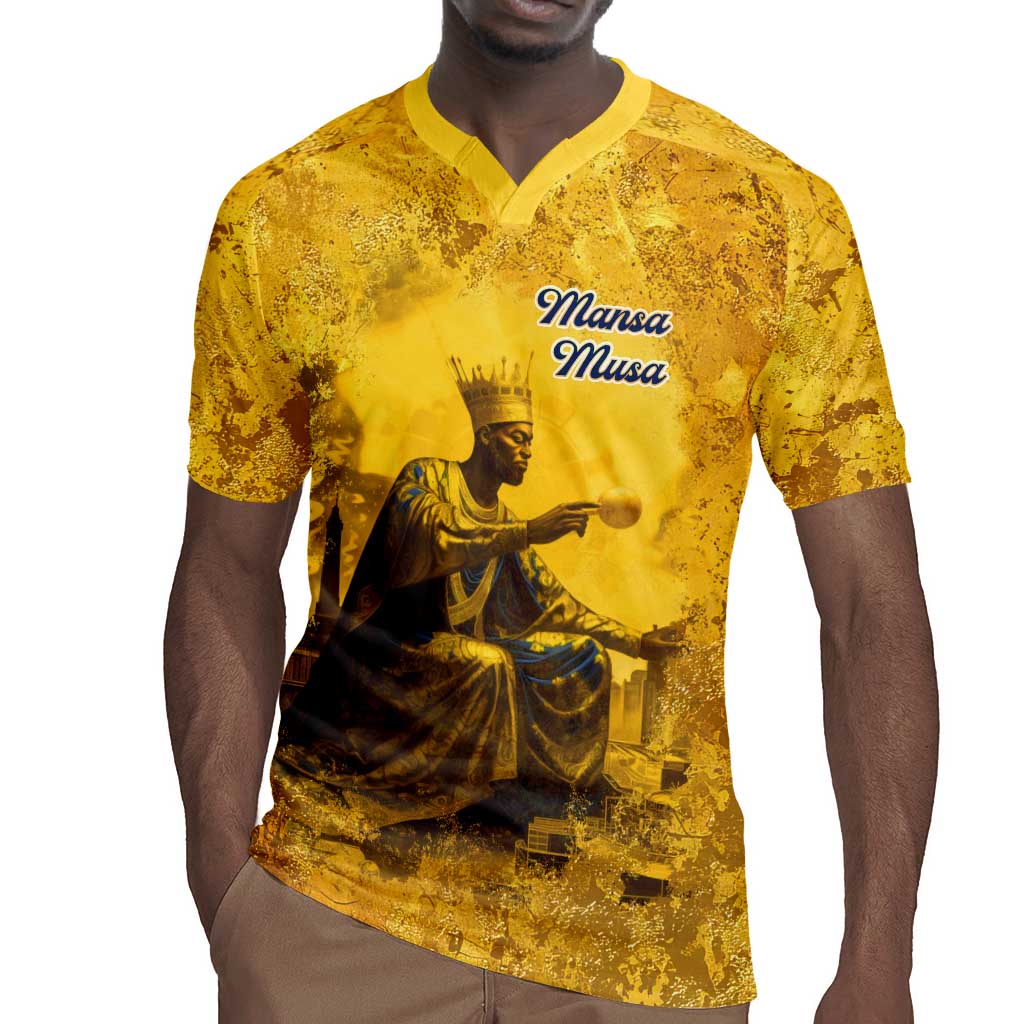 Mansa Musa Rugby Jersey Golden Legacy Theme Ancient Map Regal Portrait of Mali Emperor Timbuktu - African Pride