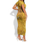 Mansa Musa Short Sleeve Bodycon Dress Golden Legacy Theme Ancient Map Regal Portrait of Mali Emperor Timbuktu - African Pride