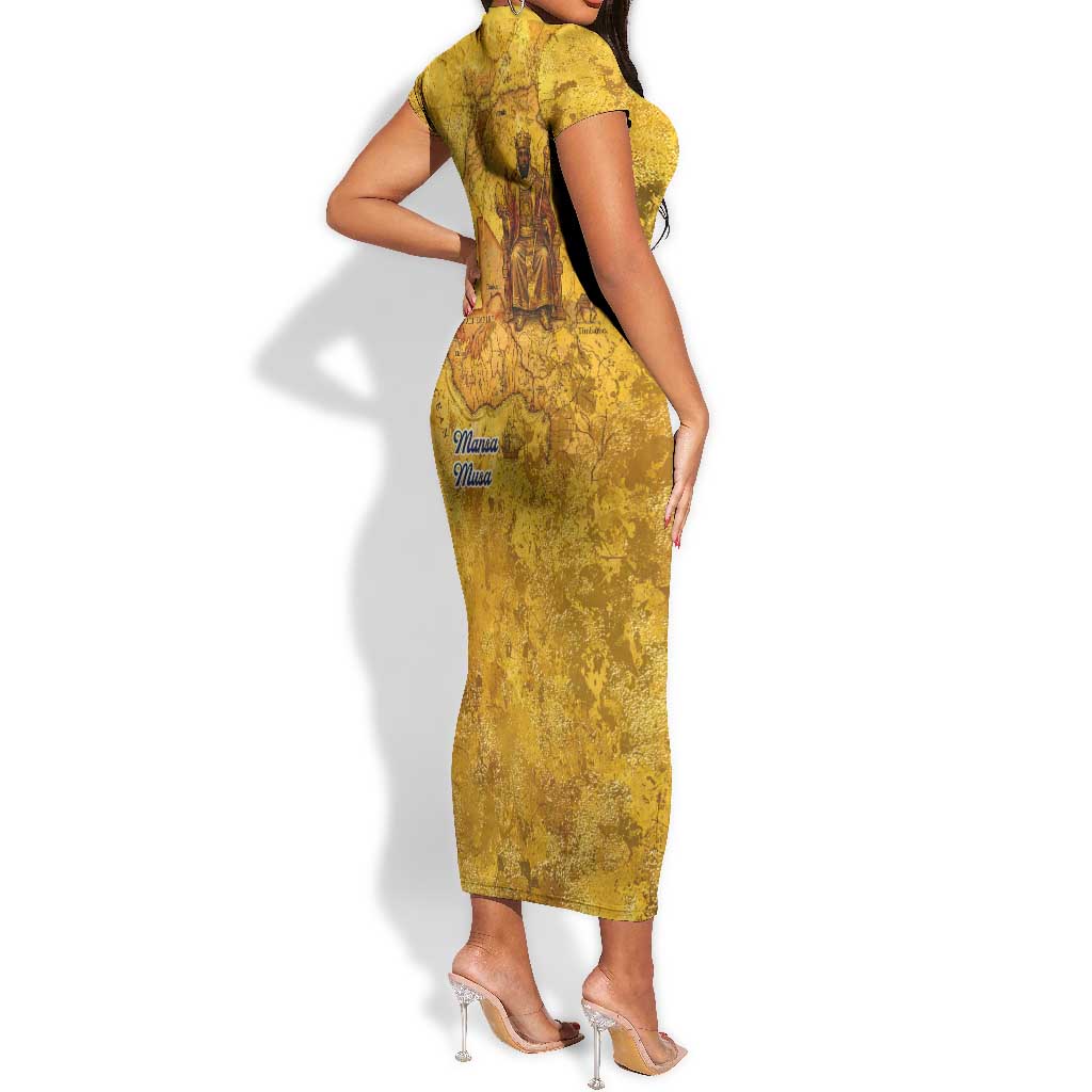 Mansa Musa Short Sleeve Bodycon Dress Golden Legacy Theme Ancient Map Regal Portrait of Mali Emperor Timbuktu - African Pride