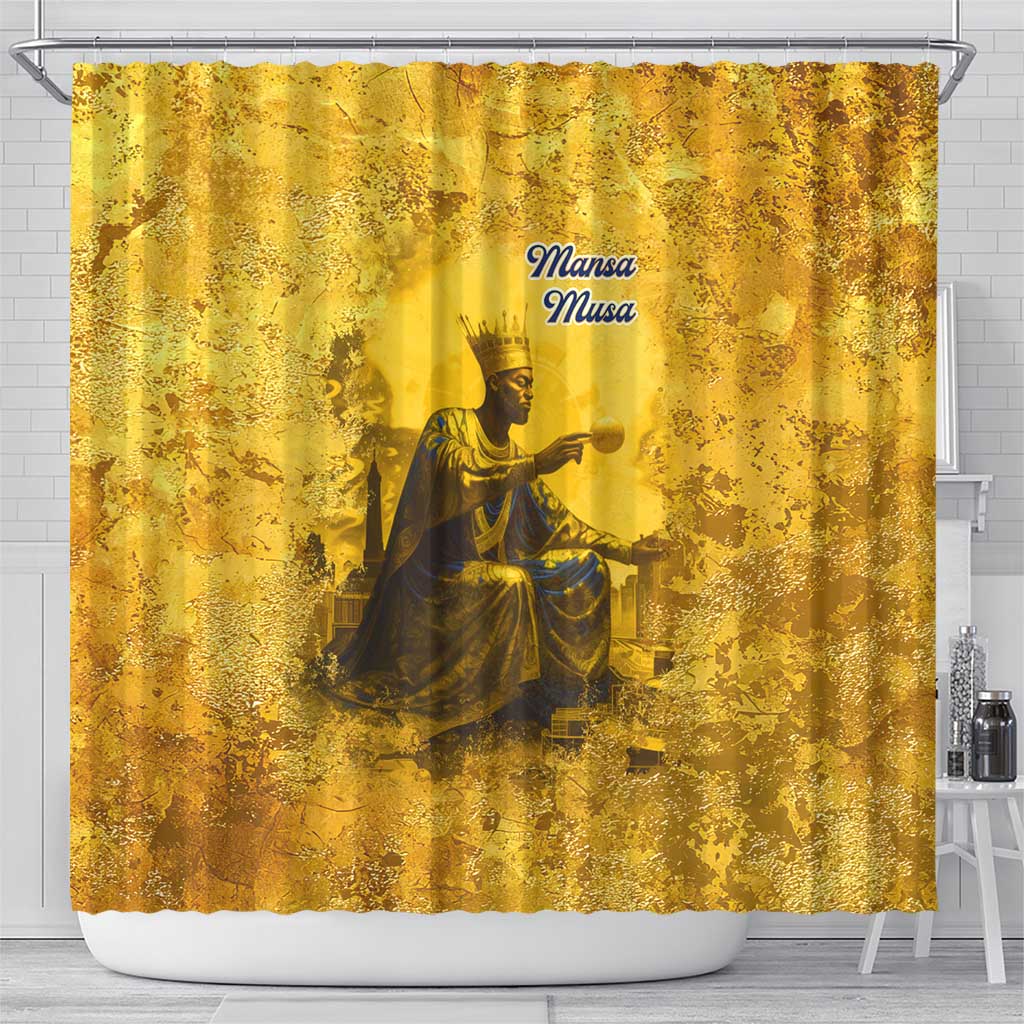 Mansa Musa Shower Curtain Golden Legacy Theme Ancient Map Regal Portrait of Mali Emperor Timbuktu - African Pride