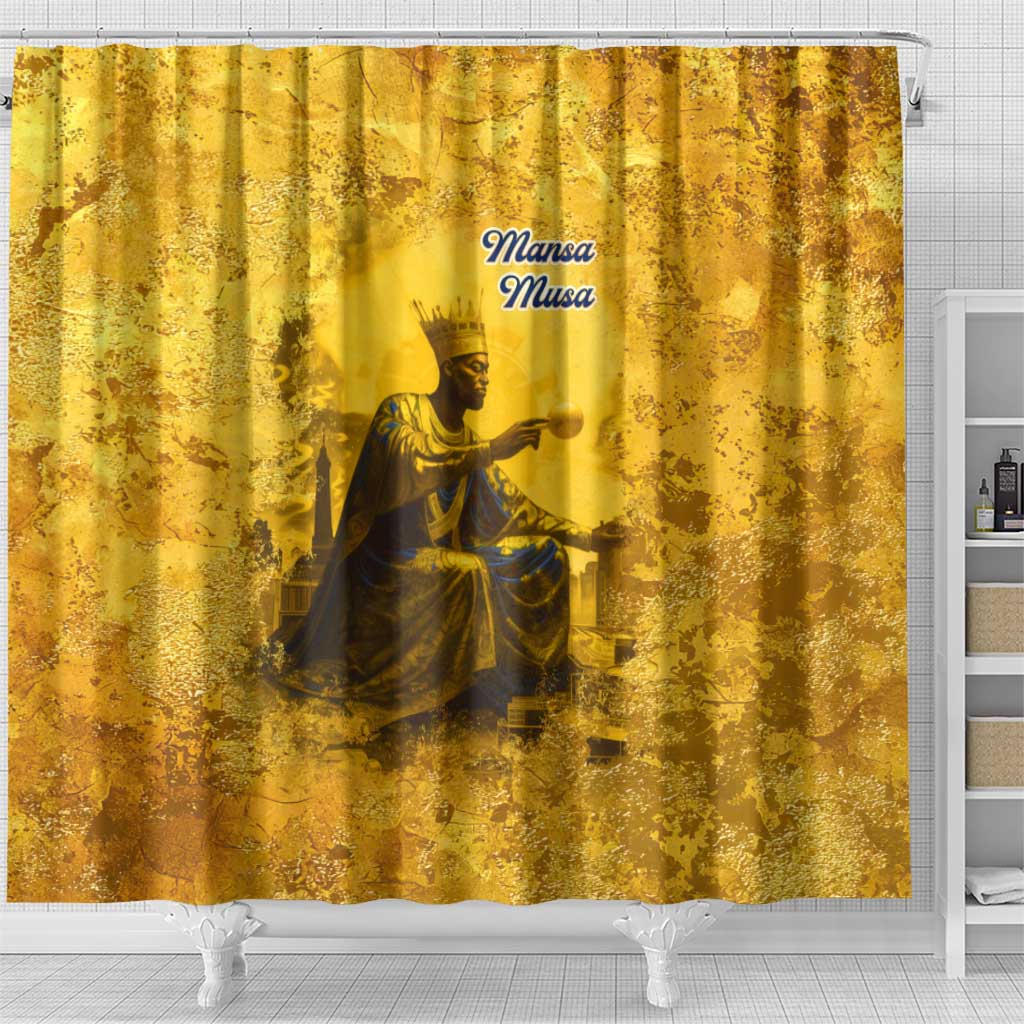 Mansa Musa Shower Curtain Golden Legacy Theme Ancient Map Regal Portrait of Mali Emperor Timbuktu - African Pride