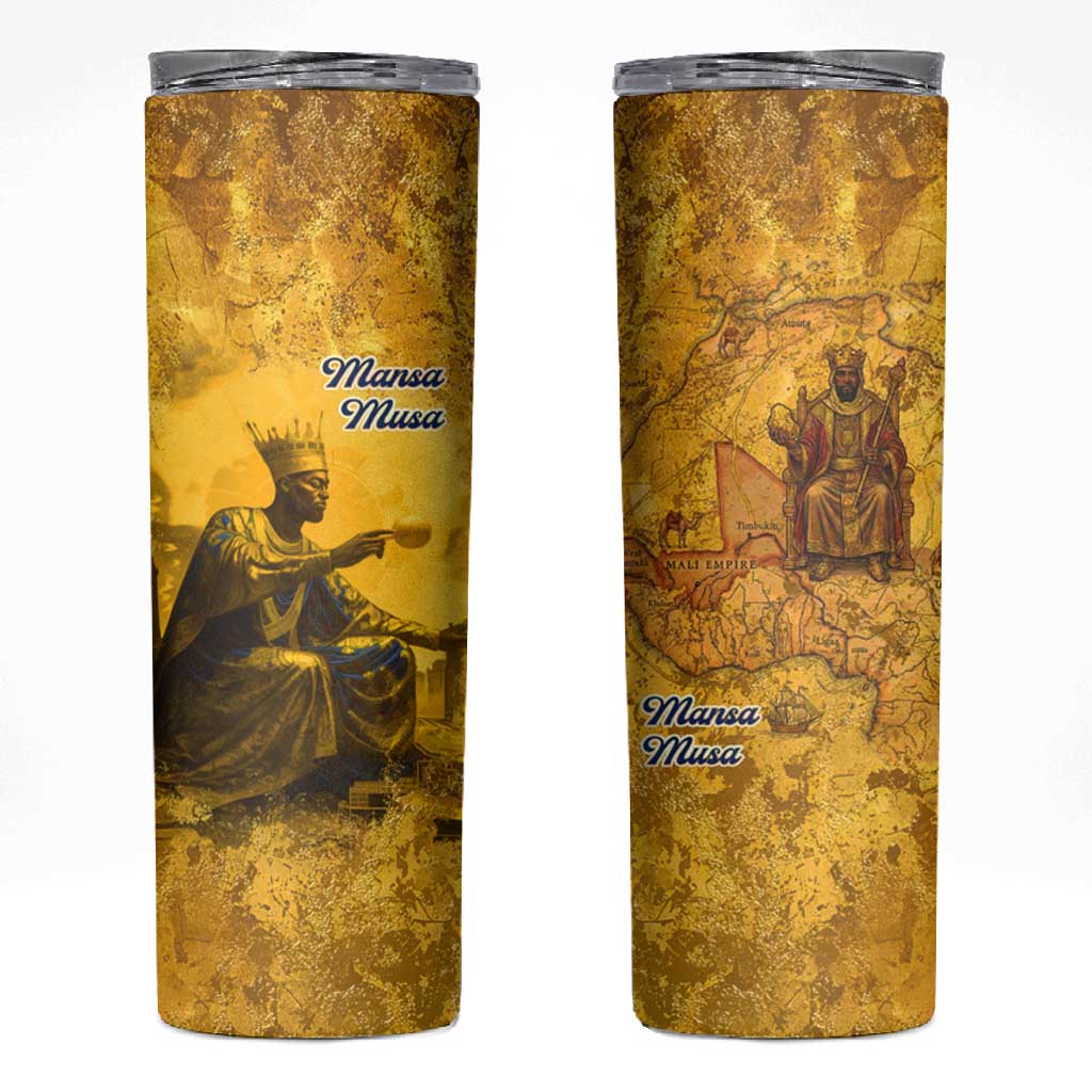 Mansa Musa Skinny Tumbler Golden Legacy Theme Ancient Map Regal Portrait of Mali Emperor Timbuktu - African Pride
