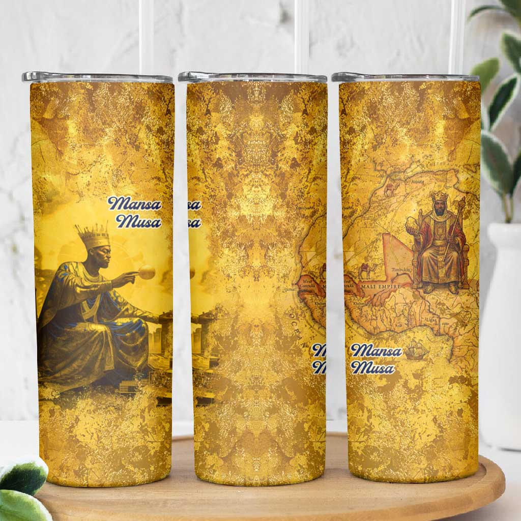 Mansa Musa Skinny Tumbler Golden Legacy Theme Ancient Map Regal Portrait of Mali Emperor Timbuktu - African Pride