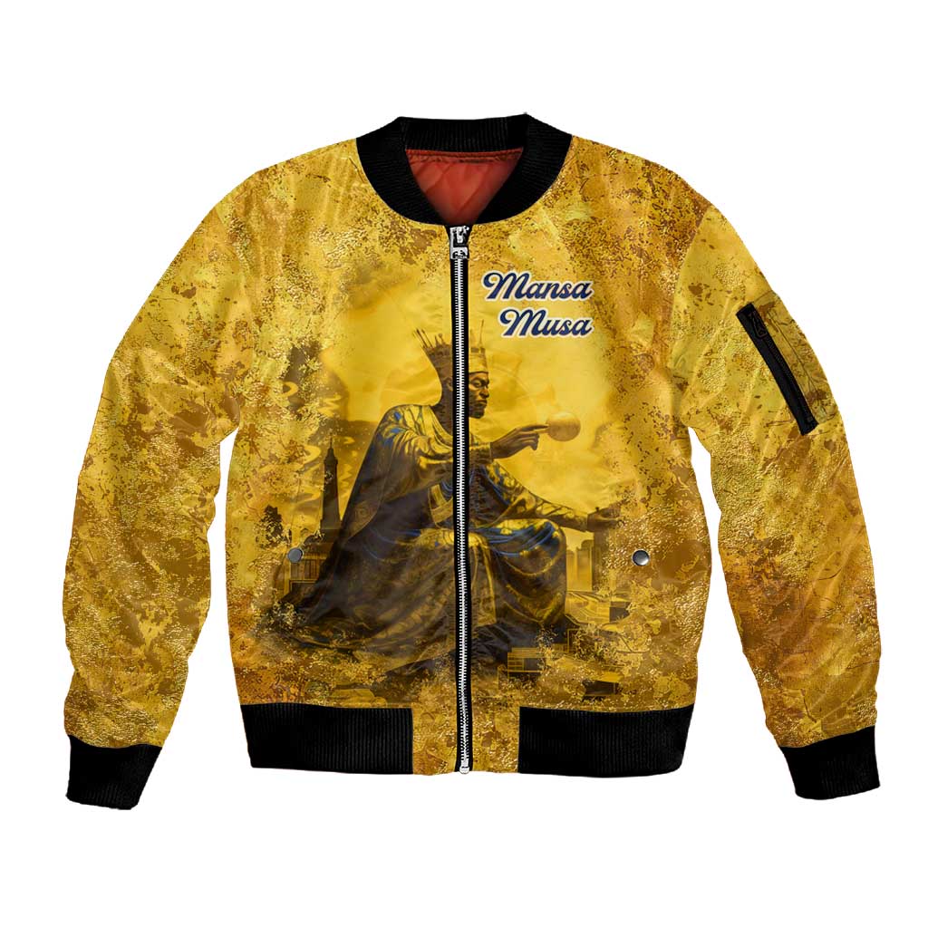 Mansa Musa Sleeve Zip Bomber Jacket Golden Legacy Theme Ancient Map Regal Portrait of Mali Emperor Timbuktu - African Pride