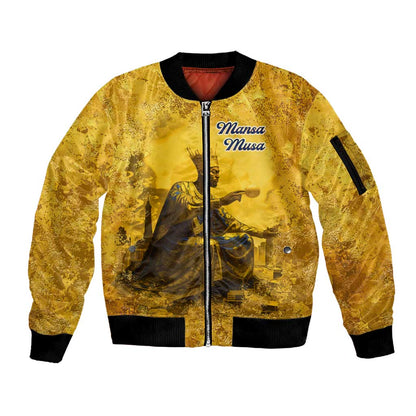 Mansa Musa Sleeve Zip Bomber Jacket Golden Legacy Theme Ancient Map Regal Portrait of Mali Emperor Timbuktu - African Pride