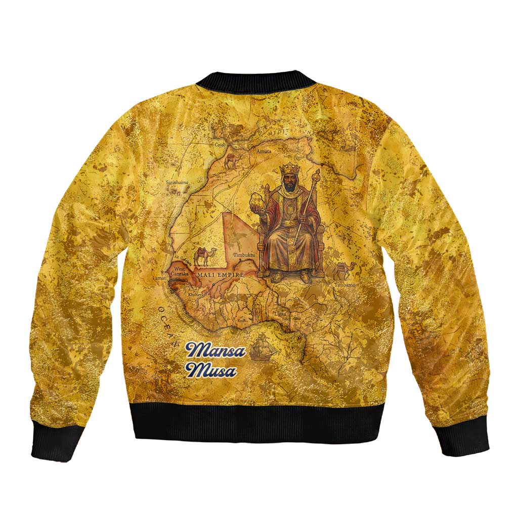 Mansa Musa Sleeve Zip Bomber Jacket Golden Legacy Theme Ancient Map Regal Portrait of Mali Emperor Timbuktu - African Pride