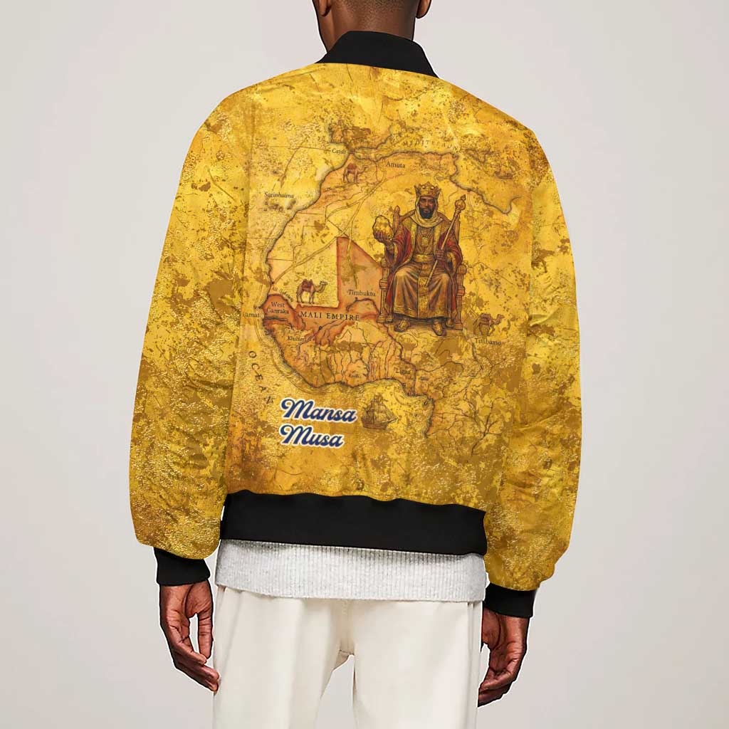 Mansa Musa Sleeve Zip Bomber Jacket Golden Legacy Theme Ancient Map Regal Portrait of Mali Emperor Timbuktu - African Pride