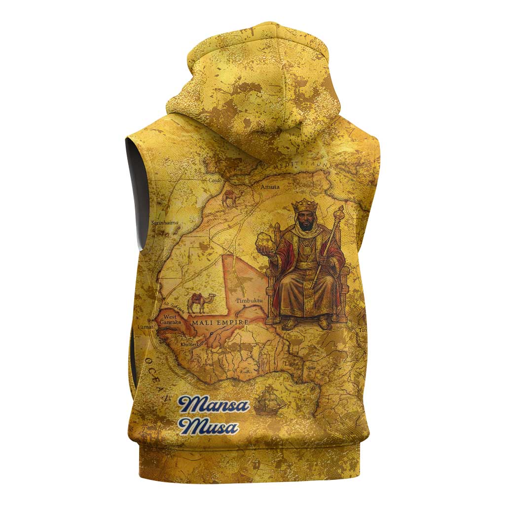 Mansa Musa Sleeveless Hoodie Golden Legacy Theme Ancient Map Regal Portrait of Mali Emperor Timbuktu - African Pride