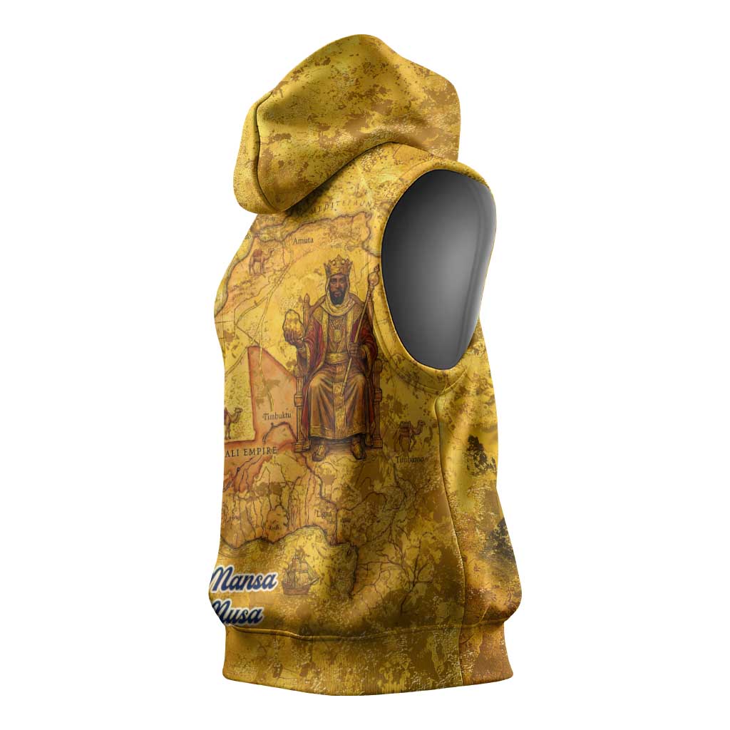 Mansa Musa Sleeveless Hoodie Golden Legacy Theme Ancient Map Regal Portrait of Mali Emperor Timbuktu - African Pride