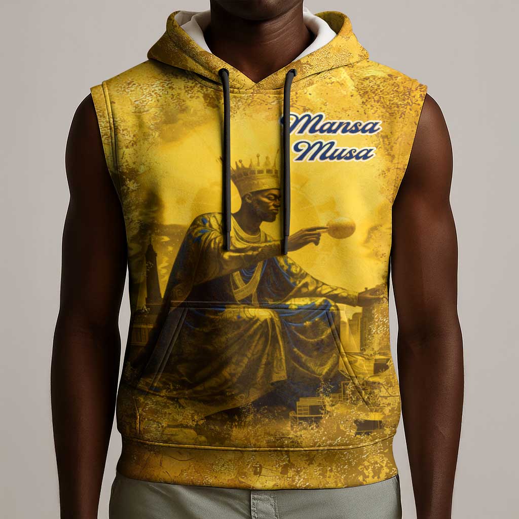 Mansa Musa Sleeveless Hoodie Golden Legacy Theme Ancient Map Regal Portrait of Mali Emperor Timbuktu - African Pride