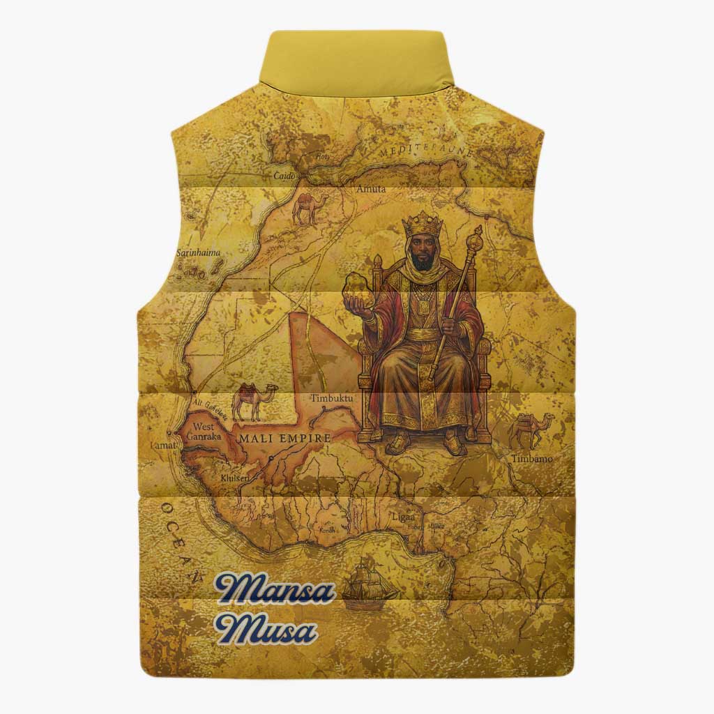 Mansa Musa Sleeveless Puffer Jacket Golden Legacy Theme Ancient Map Regal Portrait of Mali Emperor Timbuktu - African Pride