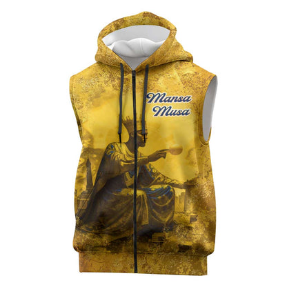 Mansa Musa Sleeveless Zip Hoodie Golden Legacy Theme Ancient Map Regal Portrait of Mali Emperor Timbuktu - African Pride