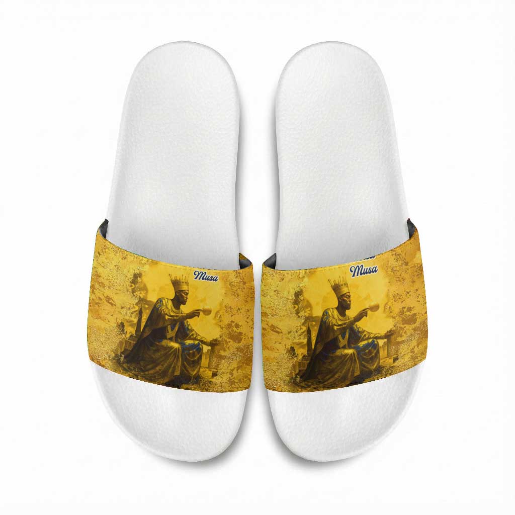 Mansa Musa Slide Sandals Golden Legacy Theme Ancient Map Regal Portrait of Mali Emperor Timbuktu - African Pride
