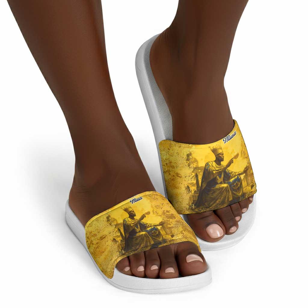 Mansa Musa Slide Sandals Golden Legacy Theme Ancient Map Regal Portrait of Mali Emperor Timbuktu - African Pride