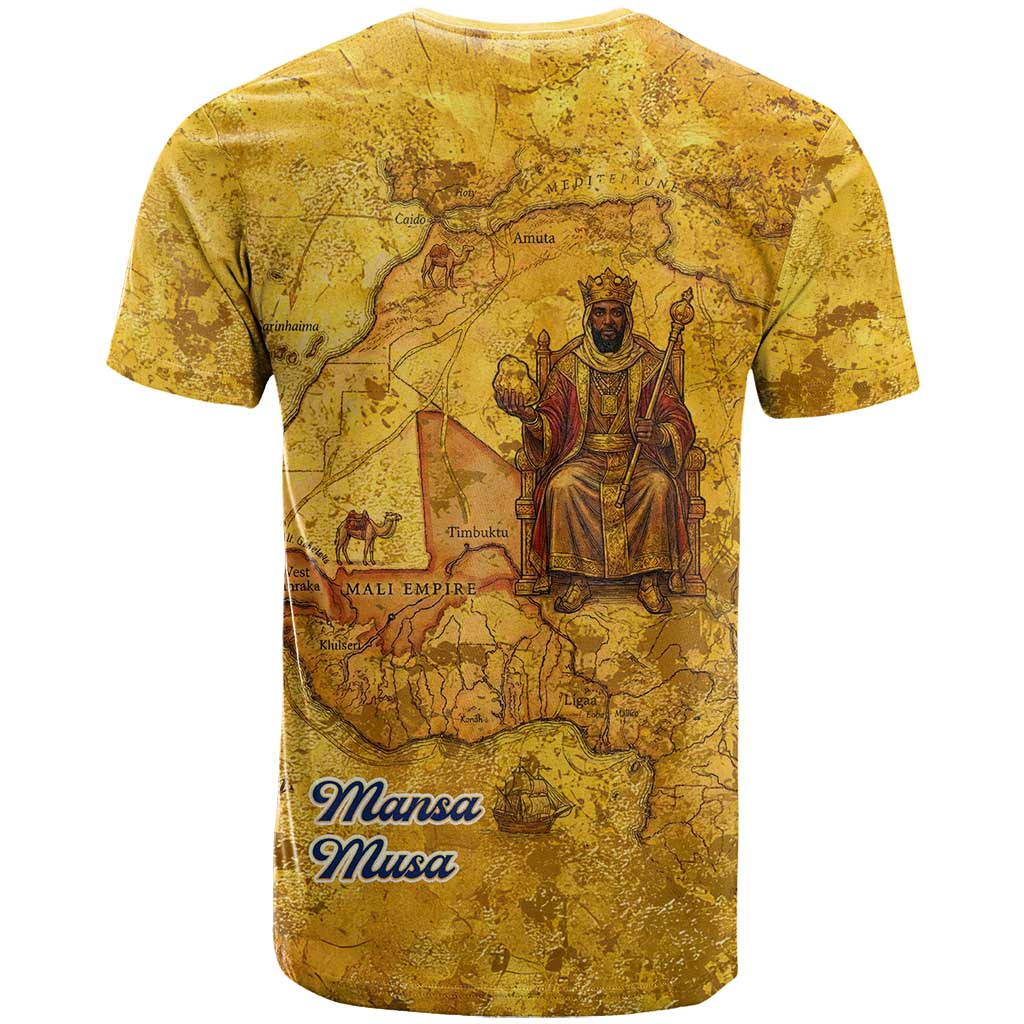 Mansa Musa T shirt Golden Legacy Theme Ancient Map Regal Portrait of Mali Emperor Timbuktu - African Pride