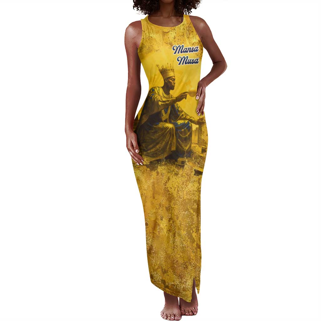 Mansa Musa Tank Maxi Dress Golden Legacy Theme Ancient Map Regal Portrait of Mali Emperor Timbuktu - African Pride