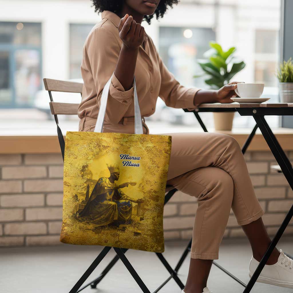 Mansa Musa Tote Bag Golden Legacy Theme Ancient Map Regal Portrait of Mali Emperor Timbuktu - African Pride