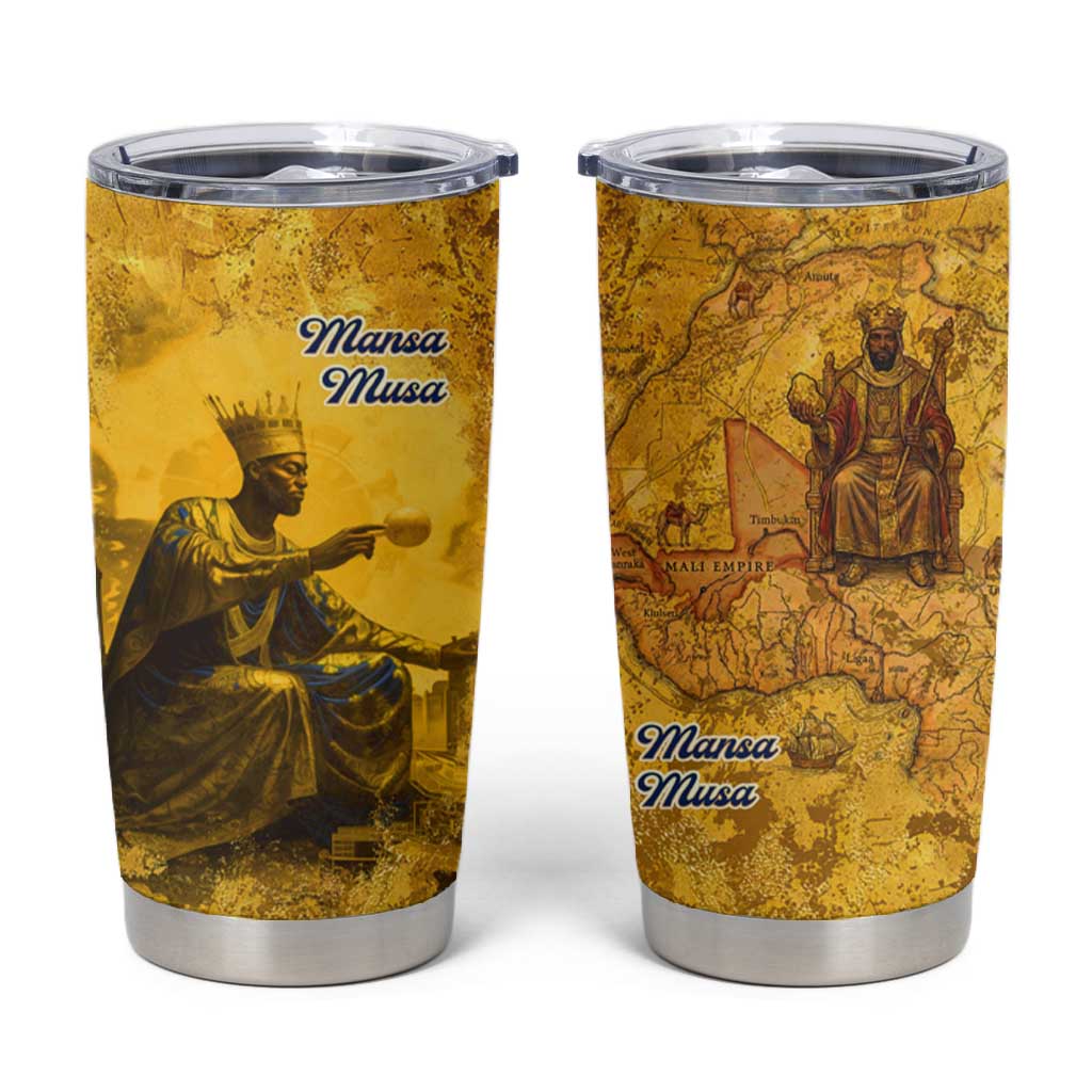 Mansa Musa Tumbler Cup Golden Legacy Theme Ancient Map Regal Portrait of Mali Emperor Timbuktu - African Pride