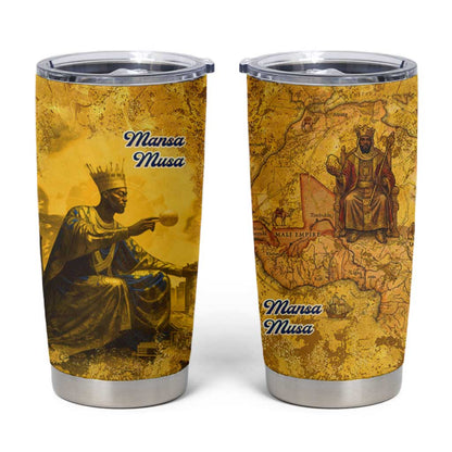 Mansa Musa Tumbler Cup Golden Legacy Theme Ancient Map Regal Portrait of Mali Emperor Timbuktu - African Pride