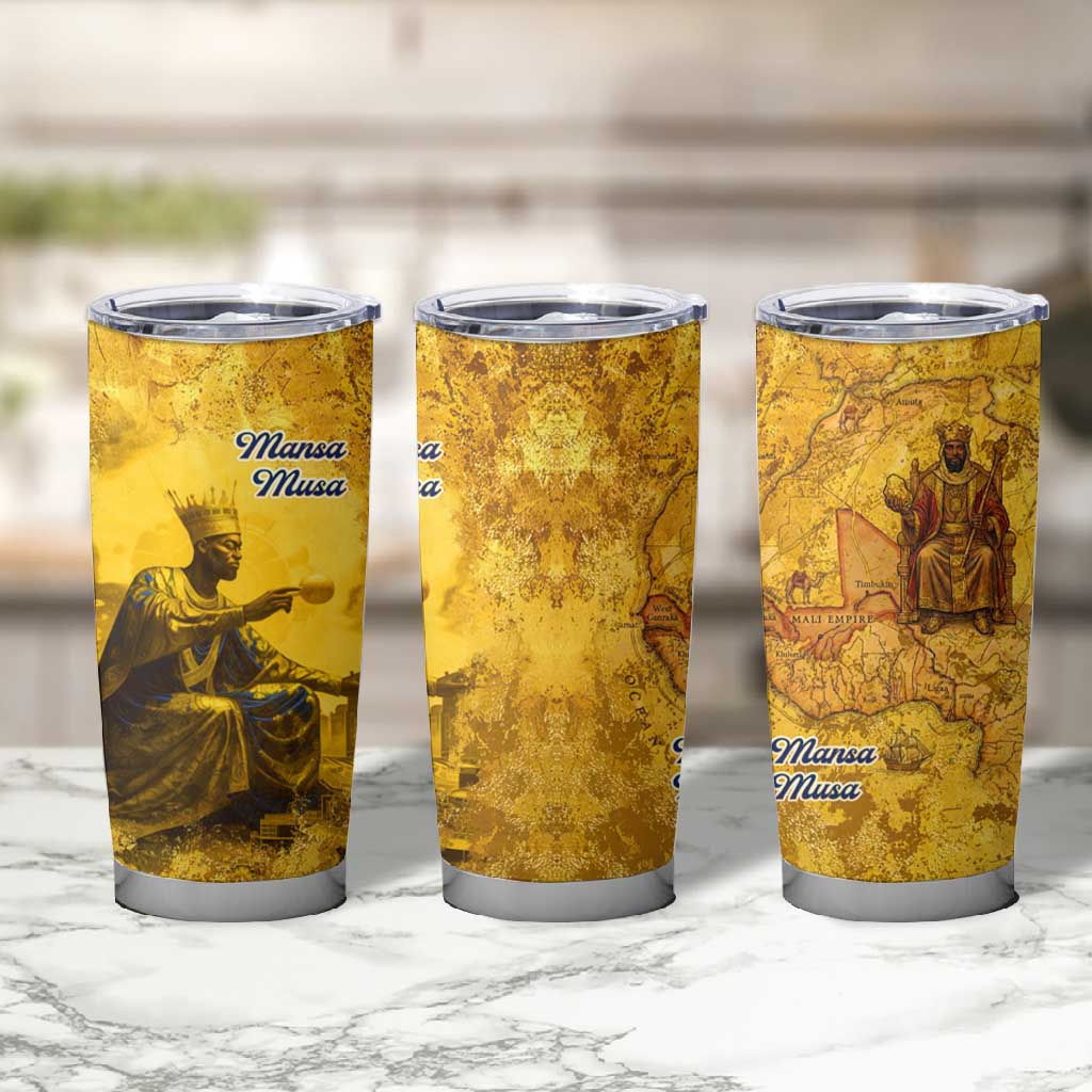 Mansa Musa Tumbler Cup Golden Legacy Theme Ancient Map Regal Portrait of Mali Emperor Timbuktu - African Pride