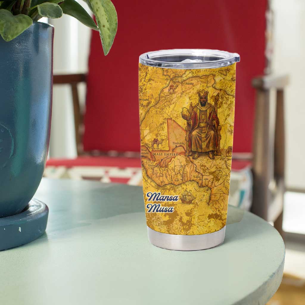 Mansa Musa Tumbler Cup Golden Legacy Theme Ancient Map Regal Portrait of Mali Emperor Timbuktu - African Pride