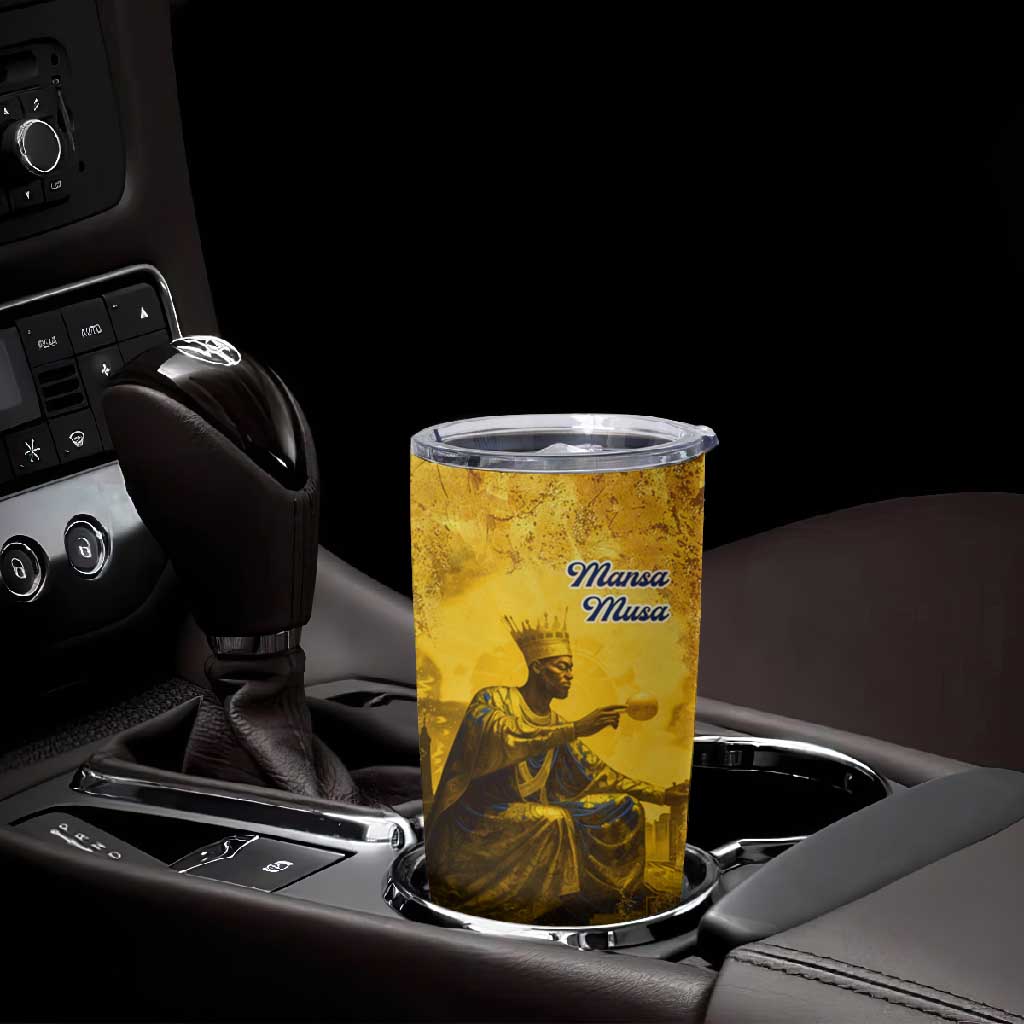 Mansa Musa Tumbler Cup Golden Legacy Theme Ancient Map Regal Portrait of Mali Emperor Timbuktu - African Pride