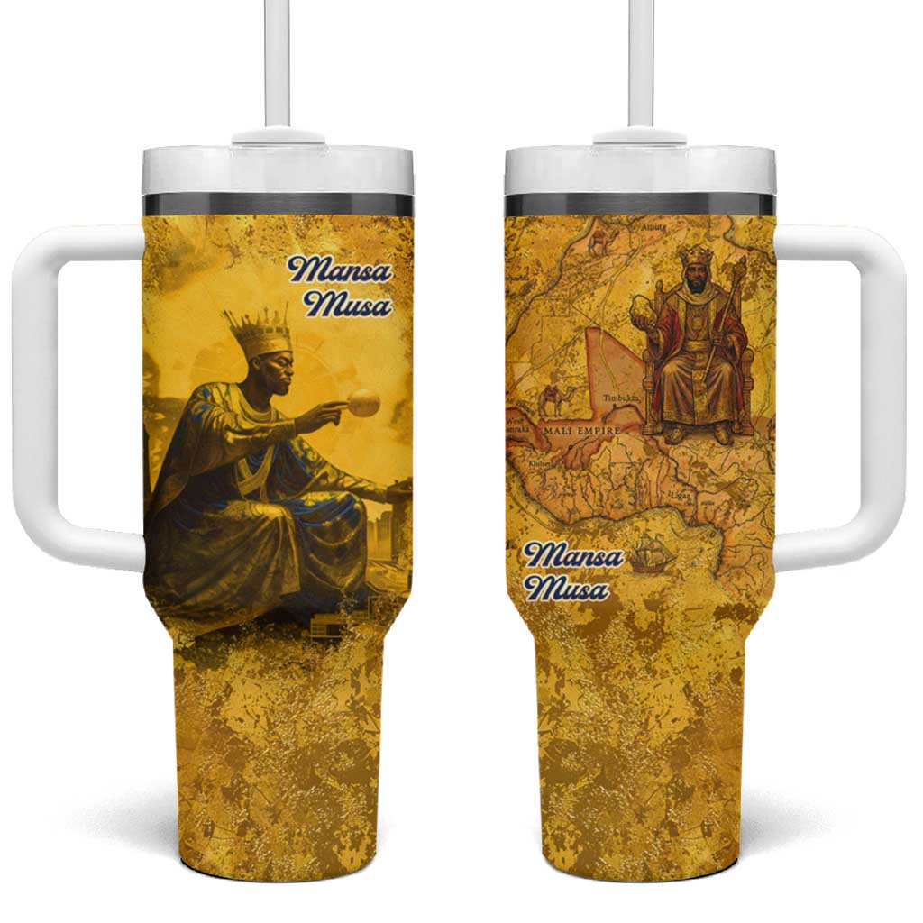 Mansa Musa Tumbler With Handle Golden Legacy Theme Ancient Map Regal Portrait of Mali Emperor Timbuktu - African Pride