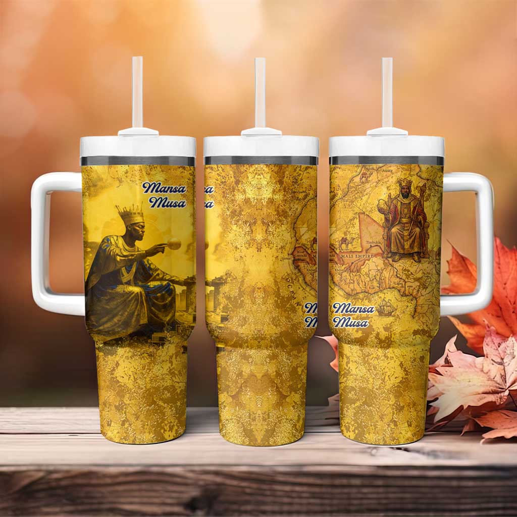 Mansa Musa Tumbler With Handle Golden Legacy Theme Ancient Map Regal Portrait of Mali Emperor Timbuktu - African Pride