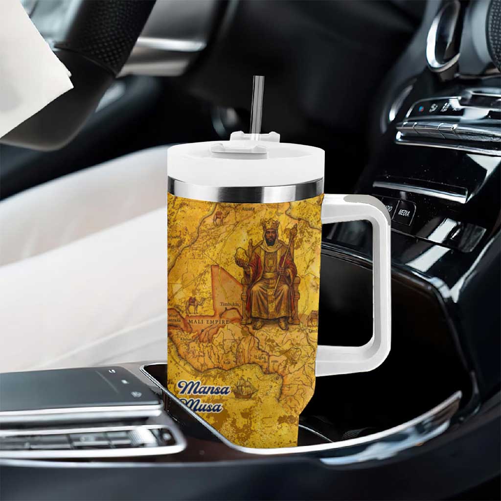 Mansa Musa Tumbler With Handle Golden Legacy Theme Ancient Map Regal Portrait of Mali Emperor Timbuktu - African Pride