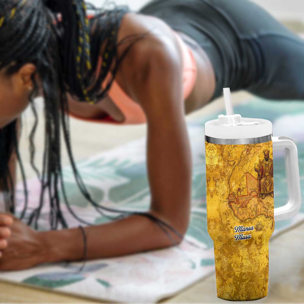 Mansa Musa Tumbler With Handle Golden Legacy Theme Ancient Map Regal Portrait of Mali Emperor Timbuktu - African Pride