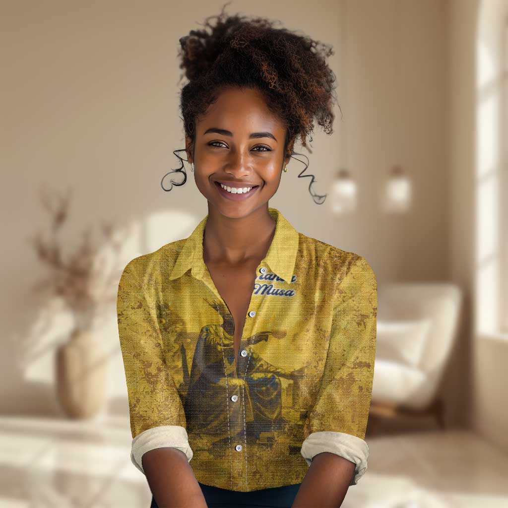 Mansa Musa Women Casual Shirt Golden Legacy Theme Ancient Map Regal Portrait of Mali Emperor Timbuktu - African Pride