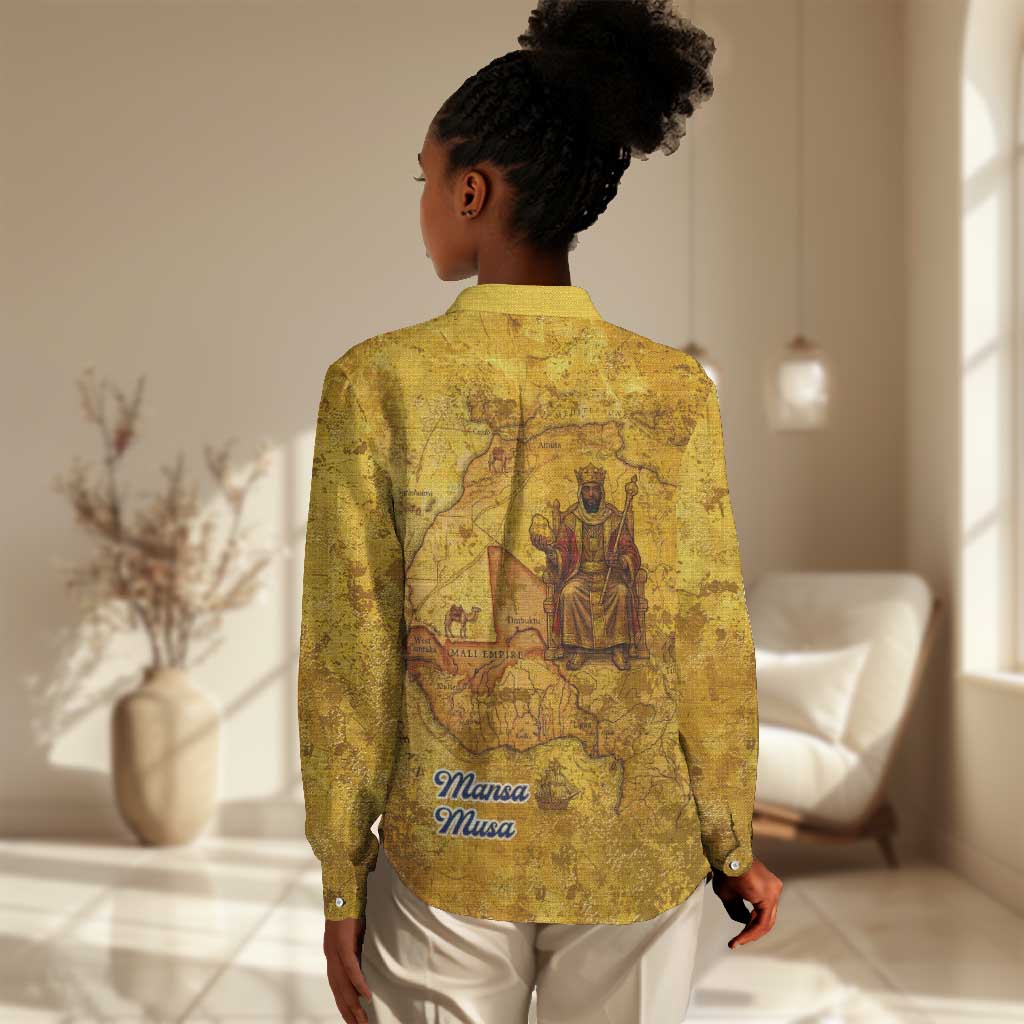Mansa Musa Women Casual Shirt Golden Legacy Theme Ancient Map Regal Portrait of Mali Emperor Timbuktu - African Pride